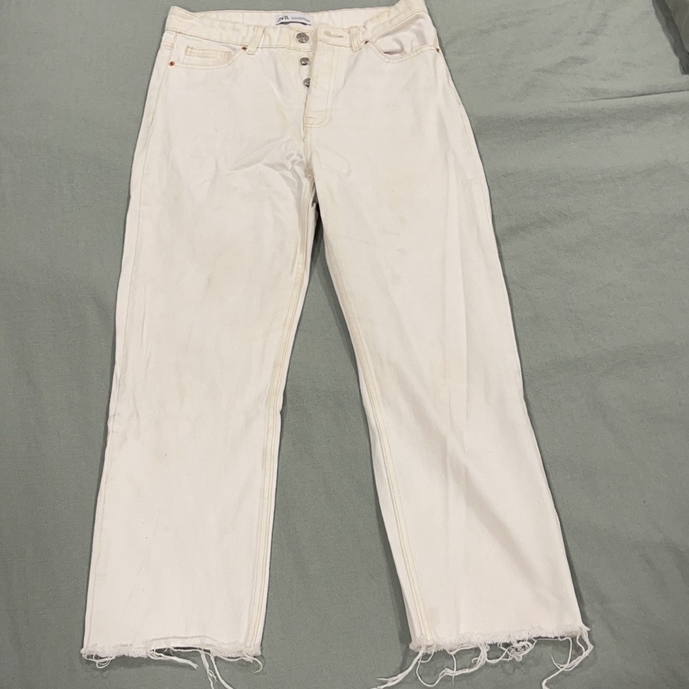 Zara White High-waisted straight jeans